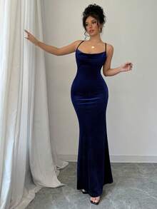 Rafferiza Váy nhung đỏ Burgundy thanh lịch dành cho nữ dự tiệc năm mới - Màu xanh hải quân - Xem 6