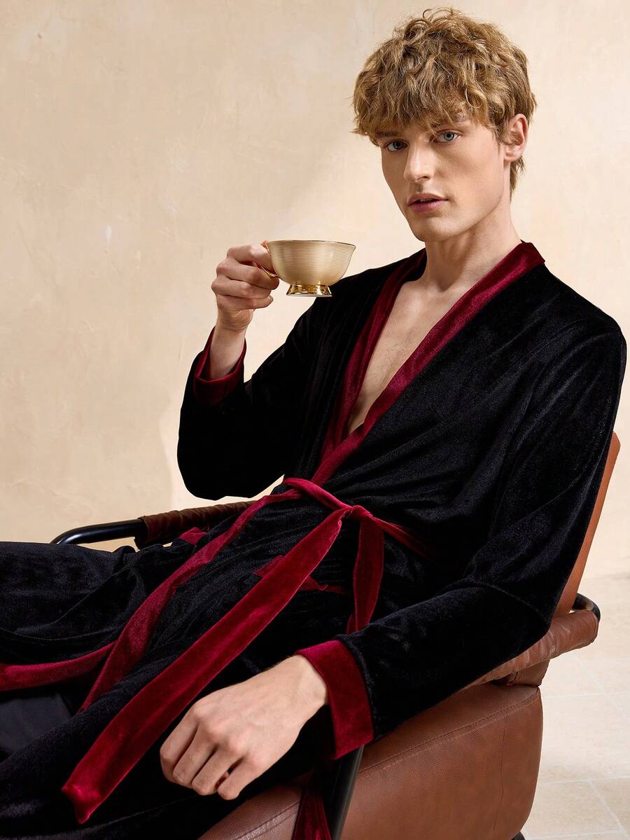 Men's Contrast Trim Long Sleeve Comfortable Long Tie-Waist Bathrobe - Multicolor - View 1