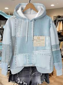 Glissea 复古蓝色牛仔效果拼贴印花连帽女式卫衣，秋冬，秋冬连帽卫衣，女士礼物，节日卫衣，单品，时尚T恤，美妆卫衣卫衣，兄弟姐妹礼物，姐妹礼物，趣味卫衣，休闲简约时尚卫衣 - 藍色 - 查看 3
