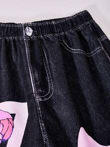 SHEIN Sparklyn Quần ống rộng dáng casual dành cho bé gái tuổi teen, có cạp chun điều chỉnh được, in họa tiết, chất liệu vải dệt, kiểu dáng thoải mái và các họa tiết, chữ viết theo phong cách graffiti. Phù hợp cho thời trang đường phố và mặc hàng ngày, thích hợp cho mọi mùa, đặc biệt là mùa xuân và mùa thu. - Nhiều màu - Xem 5