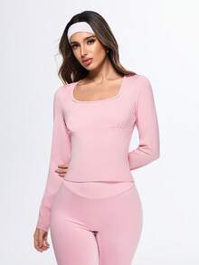 Eassivo Eassivo Herbst einfarbiges Slim Fit Langarm Rundhals Athletik T-Shirt - Pink - Übersicht 3