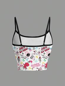 HOT STUFF X SHEIN 女士休闲时尚街头卡通字母图案撞色包边吊带背心，夏季 - 白色 - 查看 2