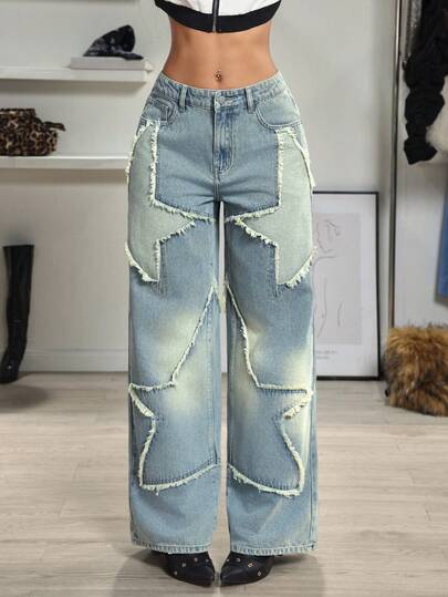 Jeanoix Jeans rectos y de pierna ancha de estilo retro con parches de estrella y estilo de moda casual y versátil de la calle Y2K para mujeres