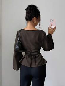 Siren Gaze 女士优雅后腰系带长袖衬衫，适合秋季通勤 - 棕色 - 查看 2