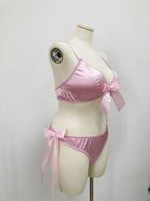 PetitDoll 大码女式两件套内衣套装：可调节肩带短款上衣（带蝴蝶结装饰）+蝴蝶结装饰内裤 - 粉色 - 查看 6