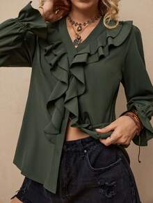 Freevana Women's Elegant Ruffle Collar V-Neck Long Sleeve Blouse, Suitable For Vacation, Autumn/Winter Army Green Tops
