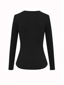 EMERY ROSE Women's Solid Color Fashionable Versatile Long Sleeve T-Shirt For Commuting - Black - View 2