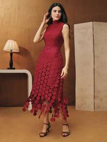 Anewsta Đầm nữ cổ đứng không tay thắt eo tua rua phong cách ngày lễ Giáng sinh & Ngày lễ tình nhân - Màu Đỏ Sâu - Xem 5