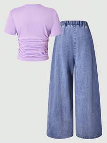 SHEIN ChillGRL Bộ 2 áo thun xếp ly thường ngày và quần jean ống đứng kèm quần thêu 3D cho bé gái - Nhiều màu - Xem 4