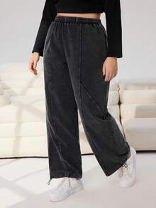 Solflare Plus Size 2026 Spring&Summer Adjustable Hem Soft Comfortable Relaxed Fit Sweatpants,Grey Baggy Casual Curve Loungewear, Drawstring Cuff Pants - Black - View 3