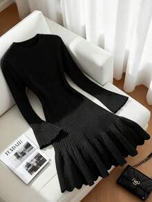 Franclia 新款秋冬性感修身圆领喇叭袖优雅休闲针织毛衣连衣裙（女款）