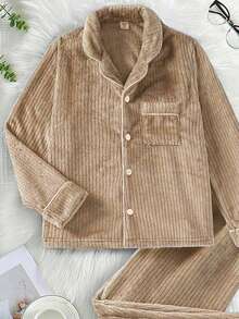 Set de 2 piezas de ropa de estar cómoda para niño preadolescente con cardigan azul marino de felpa de manga larga y pantalones - Caqui - Ver 4