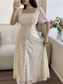 Feyla Women's Fashionable & Elegant Square Neck Short Sleeve Midi Dress - Apricot - View 3