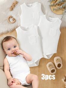 SHEIN 3pcs/Set Baby Boys' Casual Solid White Bodysuit Outfit, Suitable For Daily Wear, Summer - White - View 1
