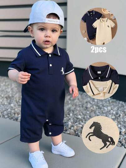 SHEIN 2pcs Baby/Toddler Boys' Casual Half-Open Collar POLO Shirt With Horse Logo Pattern & Shorts Set, Comfortable Romper Shorts Suitable For Party, Daily Wear, Sports, Summer Baby Boy Polo Romper Toddler Boy Rompers Baby Boy Clothes