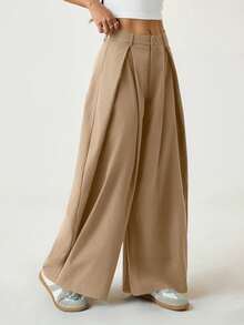 SHEIN PETITE 女士夏季复古休闲街头风外出宽松军绿色弧形裤脚长裤 - 卡其色 - 查看 4