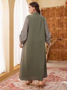 Lacomfia Vestido plus size feminino elegante com estampa listrada, bolsos e modelagem solta em A com mangas compridas.