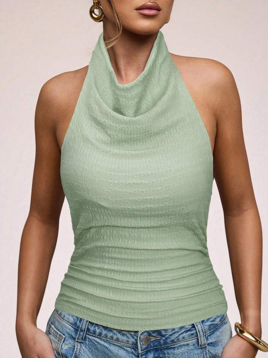 SHEIN BAE Tank Top Wanita Seksi Kasual Tanpa Punggung dengan Leher Berlipat, Pas Badan, Cocok untuk Perjalanan Sehari-hari, Musim Panas - Mint Green - View 1