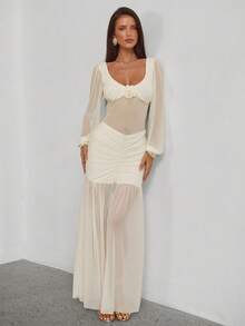 Aloruh Elegantes Damen Maxikleid mit quadratischem Ausschnitt, Blumendekoration, geraffter Taille, Mesh-Einsätzen und einfarbigem Design für Partys - Aprikosenfarben - Übersicht 6