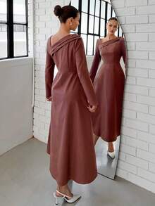 Siren Gaze Đầm midi dáng chữ A thanh lịch kiểu Pháp với cổ áo và vai không đối xứng, tay dài và eo ôm sát; màu nâu tôn dáng cho mùa xuân và mùa thu, hoàn hảo cho một chiếc đầm dạ hội giúp tôn dáng. Đầm nâu thanh lịch dành cho nữ - màu nâu - Xem 3