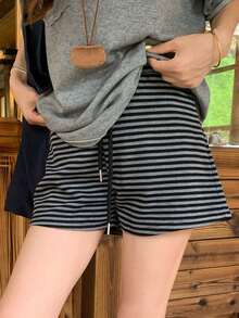 K-Vae 女士条纹休闲抽绳灰色短裤 - 黑色 - 查看 4