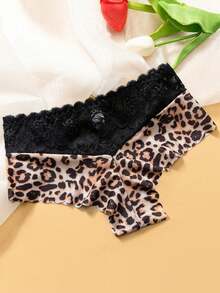 SHEIN Women's Sexy Leopard Print Lace Patchwork Thongs ClassicAnimalPrint - Coffee Brown - View 3