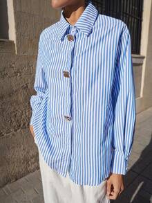 Maija 女士休闲条纹长袖衬衫，适合外出、通勤或日常社交场合。舒适百搭，毕业季女士休闲衬衫之选。 - 藍色 - 查看 6