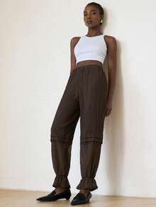 Aveloria Modichic Pantalon décontracté avec texture froissée et ourlet en dentelle marron, style décontracté et sans effort - Tabac - Voir 5