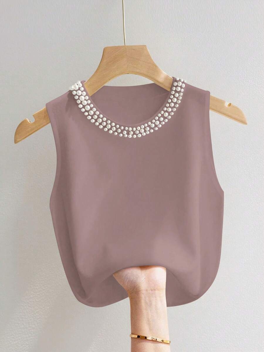 INAWLY Áo hai dây cổ tròn trang trí ngọc trai giả màu trơn thời trang dành cho nữ - Màu hồng gỉ - Xem 1