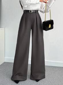 SHEIN Tall Women Solid Color High Waist Wide Leg Pants Women S Bottoms Women Summer Clothing Women Summer Sets Wide Pants - Dark Grey - View 1