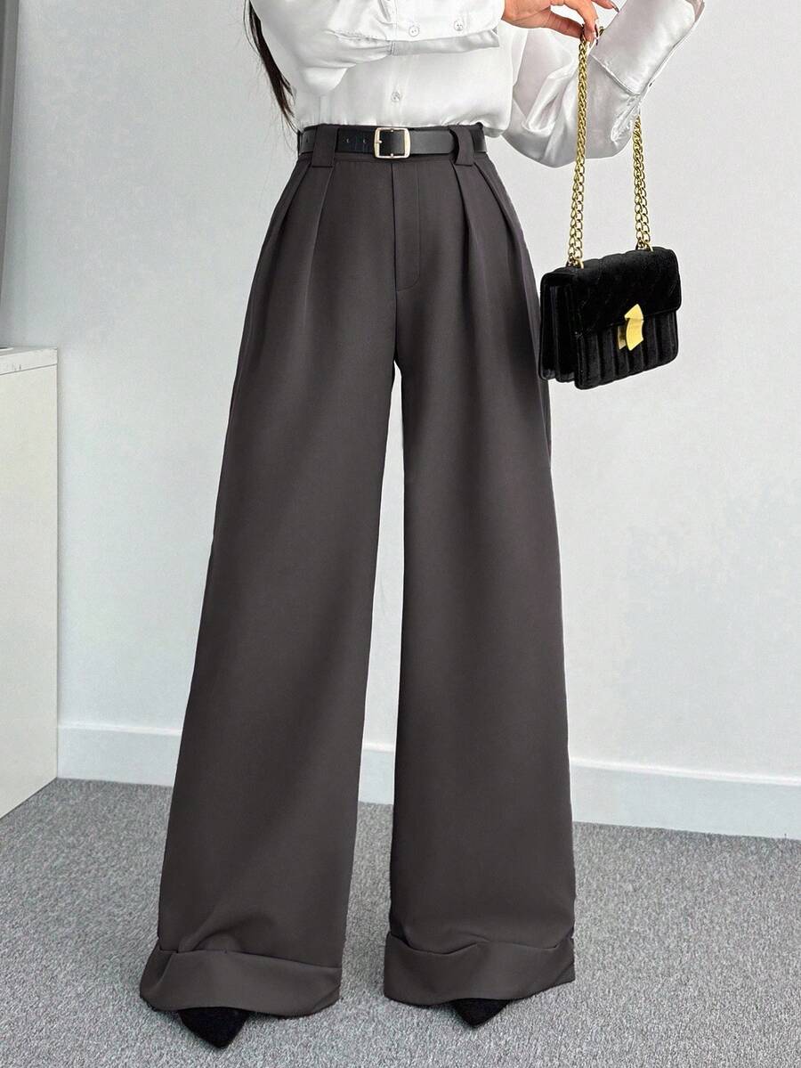 SHEIN Tall Women Solid Color High Waist Wide Leg Pants Women S Bottoms Women Summer Clothing Women Summer Sets Wide Pants - Dark Grey - View 1