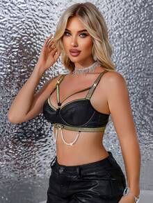 MidnightGlam Black PU With Silver Glitter Ribbon, Decorated With Pearl Chain & Heart Metal Buckle Design, Luxurious & Sexy Women Bra Bow Lingerie Set Chain Lingerie Rhinestone Lingerie Set Bandage Lingerie Set Satin Lingerie Set - Black - View 3