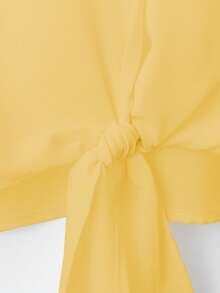 Franclia 法式优雅编织翻领长袖系带开衫，新款夏季白色女士衬衫 - 淡黃色 - 查看 3