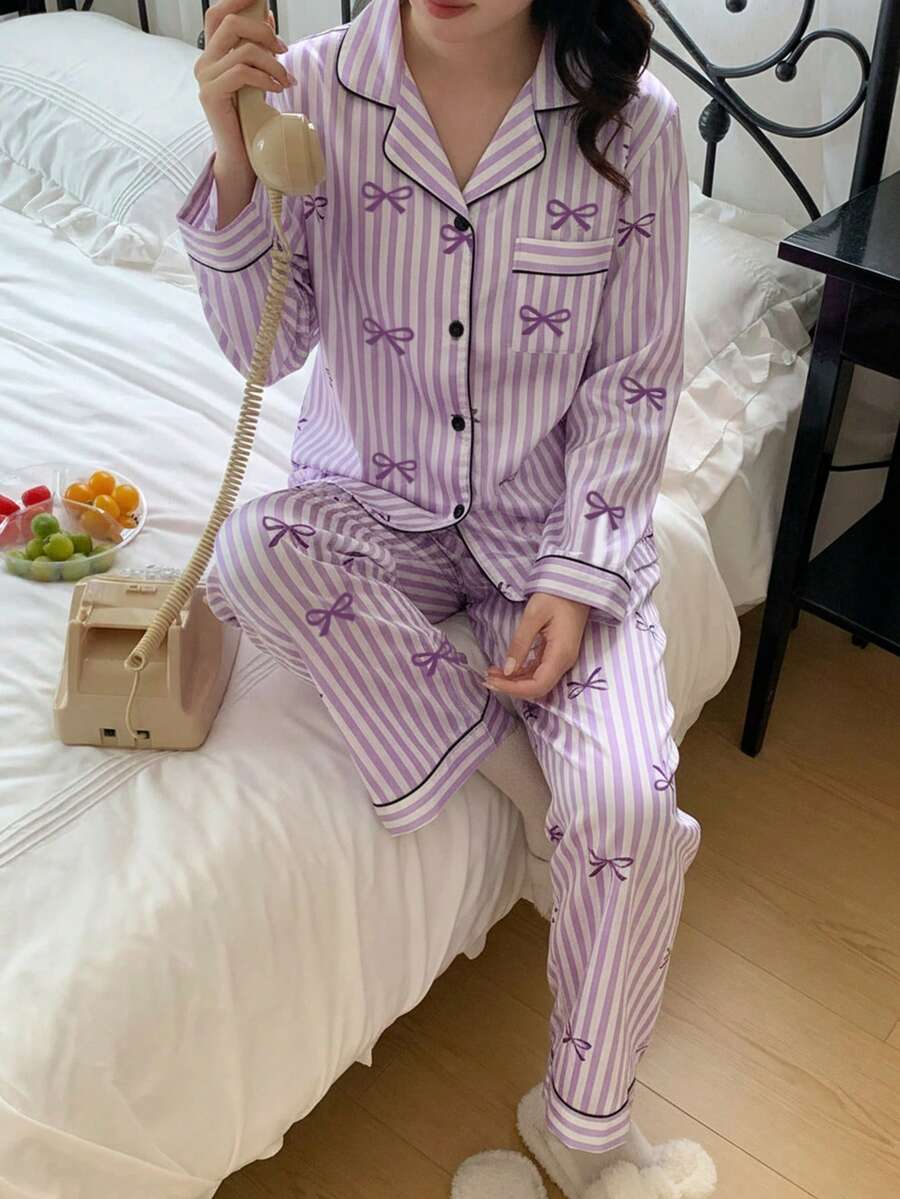 2pcs Women & Teen GirlElegant Plaid Satin Fabric Cardigan & Pants Casual Comfortable Pajama Set Purple Pajamas Set Teen Girls Pajamas-Pajama Set Notch Collar Long Sleeve Top With Bow Print Striped Lounge Pants Light Purple Piped Trim Home Wear All Season 2026 New Year Essential - Purple - View 1