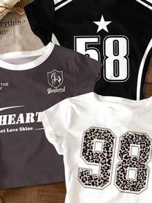 SHEIN 3pcs/Set Teen Girl Casual Minimalist Tight Fit Round Neck Short Sleeve High Waist Cropped Regular T-Shirt, Street Graphic, Retro Sporty Leopard Print Number 98 58 City Letter Pattern, White, Black, Dark Grey, Suitable For Summer, Street, Campus, Outdoor, Casual - Multicolor - View 2