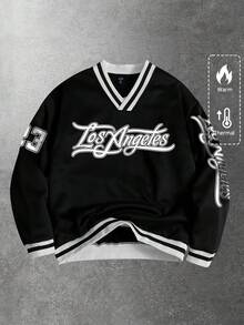 ROMWE MEN Prep 男士V领字母数字印花休闲百搭通勤长袖卫衣，秋冬款 - 黑與白 - 查看 3