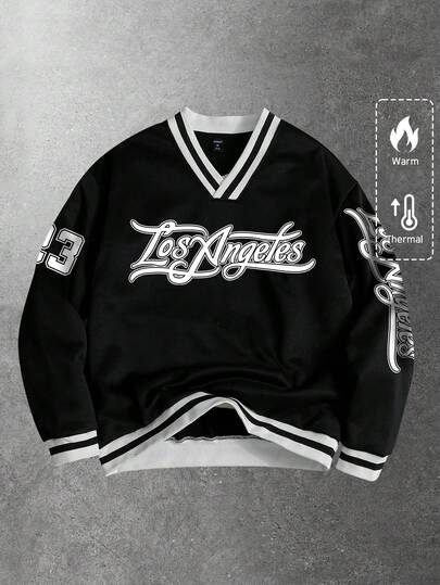 Prep Sweat-shirt-shirt à manches longues polyvalent et décontracté pour navetteurs, avec imprimé lettres et chiffres, col en V. Automne/Hiver