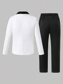 Young Men's Elegant White And Black Contrast Tuxedo Style Suit Long Sleeve Regular Fit For Special Occasions Teen White Formal Suit Teen Formal Suit Boys Tuxedo Suit White Tuxedo Teen Boy Boys Wedding Suit - Black and White - View 2