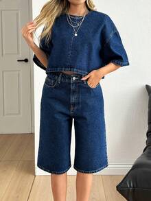 EURMUSE WOMEN Two Pieces OUTFIT DENIM TOP AND JORT SHORT HIGH WAIST JEAN - Medium Wash - View 6