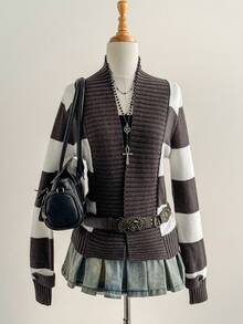 SHEIN Unity Cardigan Wanita Kasual Motif Garis-Garis Blok Warna dengan Tali Depan, Musim Gugur/Dingin - MultiWarna - View 5