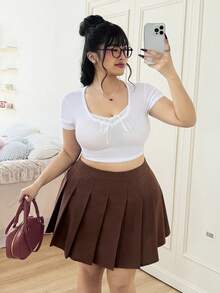 CovetEZ Plus Size Women Brown Pleated Mini Skirt, Collegiate Style - Brown - View 3