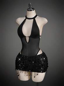 SHEIN ICON 性感修身网纱露背深V领高开衩连体衣（女款） - 黑色 - 查看 6