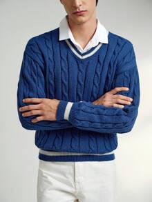 RONVEXI Men's Casual Collegiate Cable Knit Patchwork Striped Hem Sweater, Autumn/Winter Men Sweater Top Knit Wear Men Blue Clothes Men Knit Jersey Blue Sweater - Blue - View 4