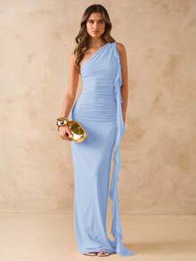 SHEIN BAE Asymmetric Ruched Backless Maxi Mesh Dress With Ruffle Hem, Elegant Women's Dress For Vacation & Beach, Spring/Summer - Baby Blue - View 3