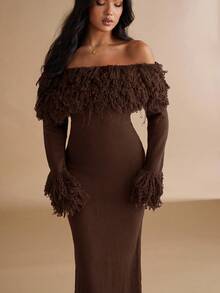 Silquee Women's Fashionable Elegant Off Shoulder Fitted Sweater Dress In Fall/Winter - Coffee Brown - View 6