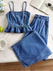 Comfortcana Women's Casual Denim Camisole Top With Ruffle Hem And Denim Pants Set, Summer - Blue - View 3