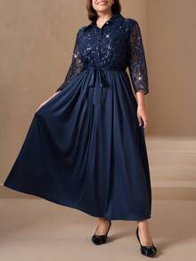 Chikora Váy sơ mi tay 3/4 họa tiết hoa thêu chắp vá cỡ lớn cho nữ có túi thanh lịch - Màu xanh hải quân - Xem 5