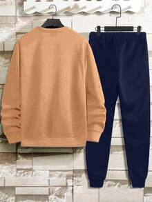 Cotton 2pcs/Set Men's Letter Printed Sweatshirt And Sweatpants Set - Camel - View 2