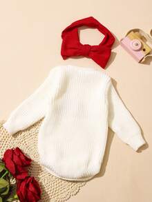 SHEIN 2pcs Set My First Valentine's Day Embroidery Newborn Photography Outfits Knitted Baby Girl Romper With Bow Headband 1 Month 100 Days Infant Photo Props - Multicolor - View 3