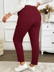 SHEIN PETITE CURVE 大码休闲纯色口袋裤 - 紅色 - 查看 2